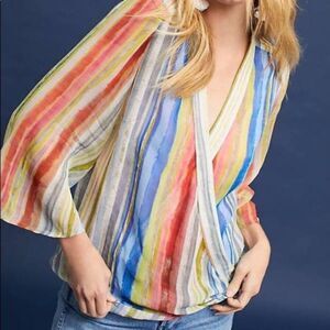 Anthropologie Blank London Pastel Stripe Chiffon Bell Sleeve Wrap Top Sz S